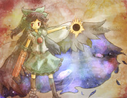Rule 34 | 1girl, akihiyo, arm cannon, asymmetrical clothes, asymmetrical footwear, black hair, black sun, black wings, cape, character name, female focus, hair ornament, hair ribbon, light smile, long hair, mismatched footwear, no nose, outstretched arm, red eyes, reiuji utsuho, ribbon, skirt, smile, solo, sun, thighhighs, touhou, weapon, wings