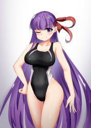 Rule 34 | 10s, 1girl, ;), bare shoulders, bb (fate), bb (fate/extra), black one-piece swimsuit, breasts, collarbone, competition swimsuit, covered navel, cowboy shot, cowfee, fate/extra, fate/extra ccc, fate (series), hair ribbon, hand on own hip, highres, large breasts, long hair, looking at viewer, one-piece swimsuit, one eye closed, purple eyes, purple hair, red ribbon, ribbon, sile, smile, solo, standing, swimsuit, very long hair