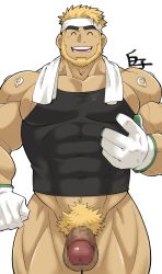 Rule 34 | 1boy, ^ ^, andrew (live a hero), bara, bare shoulders, beard, black tank top, blonde hair, bottomless, censored, closed eyes, covered abs, erection, facial hair, gloves, groin, headband, highres, large pectorals, live a hero, male focus, male pubic hair, mature male, mosaic censoring, muscular, muscular male, naked shirt, pectoral cleavage, pectorals, penis, pubic hair, shirako (kirupi), shirt, short hair, sidepec, solo, tank top, thick eyebrows, white gloves