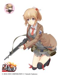 Rule 34 | 1girl, belt, belt pouch, black thighhighs, brown footwear, brown hair, brown jacket, character request, chibi, copyright name, full body, grey eyes, grey skirt, gun, holding, holding gun, holding weapon, jacket, leaning forward, looking at viewer, official art, pouch, radiosity (yousei), red neckwear, rick g earth, shoes, short hair, skirt, smile, solo, standing, thighhighs, watermark, weapon