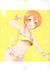 Rule 34 | 1girl, 6u (eternal land), :d, absurdres, bikini, blush, breasts, character name, cowboy shot, frilled bikini, frills, halterneck, heart, heart tattoo, highres, hoshizora rin, looking at viewer, love live!, love live! school idol festival, love live! school idol project, open mouth, orange hair, short hair, simple background, small breasts, smile, solo, splashing, swimsuit, tattoo, yellow background, yellow eyes, yellow theme
