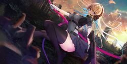 Rule 34 | 1girl, absurdres, black thighhighs, blonde hair, blue eyes, blue hair, boots, breasts, gloves, gradient hair, headset, highres, holding, indie virtual youtuber, long hair, looking at viewer, medium breasts, multicolored hair, non-web source, open mouth, pouch, solo, sore watasino, thighhighs, virtual youtuber, weapon, zeta (vtuber)