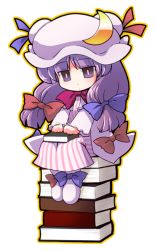 Rule 34 | 1girl, akase rai, book, bow, chibi, crescent, dress, female focus, hair bow, hat, long hair, outline, patchouli knowledge, purple eyes, purple hair, simple background, sitting, solo, striped clothes, striped dress, touhou, vertical stripes, white background