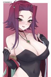 Rule 34 | 1girl, black gloves, black leotard, blush, breasts, brown eyes, choker, cleavage, collarbone, covered navel, elbow gloves, fingerless gloves, gloves, highres, izayoi aki, jewelry, large breasts, leotard, necklace, open mouth, red hair, sidelocks, simple background, smile, solo, torakami14, upper body, yu-gi-oh!, yu-gi-oh! 5d&#039;s