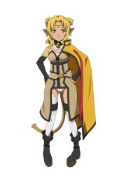 Rule 34 | 10s, 1girl, alicia rue, animal ears, black footwear, blonde hair, boots, breasts, cape, cat ears, cat tail, dark-skinned female, dark skin, detached sleeves, earrings, full body, hands on own hips, highres, jewelry, leotard, long hair, official art, simple background, small breasts, smile, solo, standing, sword art online, tail, thigh strap, thighhighs, white background, white leotard, white thighhighs, yellow eyes