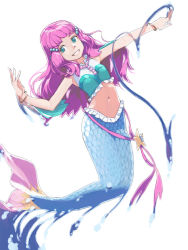 Rule 34 | 1girl, akinbo (hyouka fuyou), blue eyes, bracelet, crop top, floating hair, frills, full body, grin, jewelry, laura (precure), long hair, looking at viewer, mermaid, midriff, monster girl, navel, pink hair, precure, sleeveless, smile, solo, stomach, tropical-rouge! precure, white background