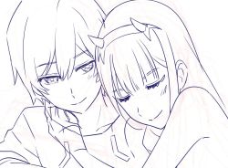 Rule 34 | 10s, 1boy, 1girl, blush, closed eyes, couple, darling in the franxx, fringe trim, greyscale, hair ornament, hairband, hand on another&#039;s neck, hetero, hiro (darling in the franxx), k 016002, long hair, looking at another, lying, lying on person, monochrome, short hair, white hairband, zero two (darling in the franxx)