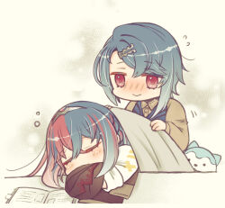 Rule 34 | 1boy, 1girl, alcryst (fire emblem), alear (female) (fire emblem), alear (fire emblem), asymmetrical hair, blue hair, chibi, closed eyes, collared shirt, fire emblem, fire emblem engage, hair ornament, hairclip, jacket, multicolored hair, nintendo, red eyes, red hair, shirt, skt s, sleeping, sommie (fire emblem), split-color hair, tiara, two-tone hair