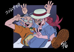 1boy 1girl creatures_(company) dated game_freak glasses hat highres james_(pokemon) jessie_(pokemon) kiana_mai logo nasa_logo nintendo ok_sign pokemon pokemon_(anime) smile team_rocket v