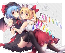 Rule 34 | 2girls, :d, adapted costume, bare shoulders, bat wings, black dress, black headwear, black thighhighs, blonde hair, blue hair, blush, bow, closed mouth, collared shirt, commentary request, crystal, dress, fang, feet out of frame, flandre scarlet, from behind, hat, hat bow, hat ribbon, heart, holding hands, interlocked fingers, leaning on person, leg between thighs, long hair, looking at viewer, looking back, medium hair, mob cap, multiple girls, one side up, open mouth, red bow, red eyes, red ribbon, red skirt, remilia scarlet, ribbon, ruhika, shirt, siblings, sisters, sitting, skirt, sleeveless, sleeveless shirt, smile, sparkle, spoken heart, thighhighs, touhou, white headwear, white shirt, white thighhighs, wings, wrist cuffs