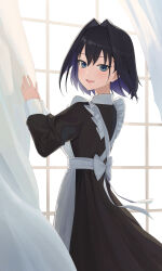 Rule 34 | 1girl, absurdres, alternate costume, apron, black dress, black hair, blue eyes, blue hair, blush, colored inner hair, commentary, curtains, dress, enmaided, h9 99999, hair intakes, hands up, highres, hololive, hololive english, indoors, long sleeves, looking at viewer, looking back, maid, maid apron, multicolored hair, open mouth, ouro kronii, short hair, solo, standing, virtual youtuber, white apron, window