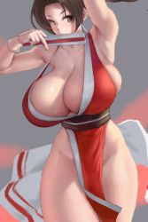 Rule 34 | 1girl, arm up, armpits, bare shoulders, breasts, brown eyes, brown hair, cleavage, collarbone, dress, eu03, fatal fury, folding fan, hand fan, high ponytail, huge breasts, long hair, looking at viewer, no bra, parted bangs, pelvic curtain, ponytail, red dress, revealing clothes, sash, shiranui mai, sideboob, solo, strap gap, the king of fighters, thighs, unfinished, veins, veiny breasts