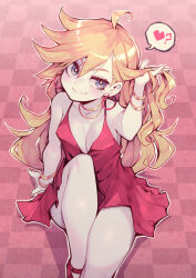 Rule 34 | 1girl, ?, arm support, bare shoulders, blue eyes, bracelet, breasts, cleavage, collarbone, commentary, english commentary, grin, heart, highres, jewelry, knee up, large breasts, long hair, necklace, panty &amp; stocking with garterbelt, panty (psg), parororo, red footwear, shiny skin, sitting, smile, solo, speech bubble, teeth