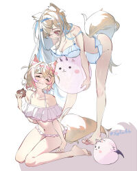 Rule 34 | 2girls, alternate costume, animal ears, barefoot, bikini, blonde hair, blue hair, blue hairband, breasts, cleavage, commentary, dog ears, dog girl, dog tail, doughnut, english commentary, feet, food, food on face, frilled bikini, frills, full body, fuwawa abyssgard, hairband, hololive, hololive english, large breasts, leaning forward, looking at another, mococo abyssgard, multicolored hair, multiple girls, nail polish, pink eyes, pink hair, pink hairband, shadow, siblings, sisters, sitting, standing, streaked hair, swimsuit, sydus, tail, toenail polish, toenails, toes, twins, twitter username, virtual youtuber, wariza
