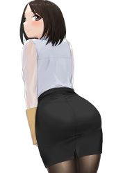 Rule 34 | 1girl, anti (0324), ass, back, black hair, black pantyhose, blush, breasts, brown eyes, looking at viewer, medium hair, office lady, original, pantyhose, pencil skirt, simple background, skirt, smile, solo, white background