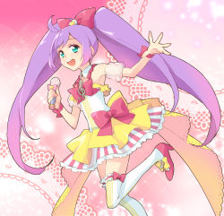 Rule 34 | 1girl, bad id, bad pixiv id, bow, dorei k, green eyes, hair bow, heart, long hair, looking at viewer, manaka laala, microphone, musical note, open mouth, pretty series, pripara, purple hair, skirt, solo, thighhighs, twintails, white thighhighs