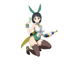 Rule 34 | 1girl, animal ears, ankle bow, ankle ribbon, black eyes, black hair, bottle, bow, breasts, brown thighhighs, full body, green hairband, hair ornament, hairband, hairclip, holding, holding bottle, kirigaya suguha, large breasts, leg ribbon, leotard, looking at viewer, on one knee, one eye closed, rabbit ears, ribbon, short hair, sleeveless, smile, solo, sword art online, thighhighs, transparent background, wrist cuffs, yellow bow