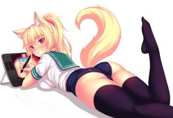 Rule 34 | 1girl, absurdres, animal ear fluff, animal ears, ass, black thighhighs, blonde hair, blush, breasts, cat ears, commentary, drawing, english commentary, highres, large breasts, long hair, looking at viewer, lying, no pants, nottytiffy, on stomach, one-piece swimsuit, original, panties, ponytail, school swimsuit, school uniform, scrunchie, self-portrait, serafuku, simple background, slit pupils, smile, solo, striped clothes, striped panties, stylus, swimsuit, swimsuit under clothes, tablet pc, tail, the pose, thighhighs, tiffy (nottytiffy), underwear, yellow eyes