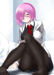 Rule 34 | 1girl, ^ ^, black-framed eyewear, black pantyhose, blush, breasts, closed eyes, fate/grand order, fate (series), hair over one eye, highres, hitotsuki nebura, jacket, knees up, large breasts, long sleeves, looking at viewer, mash kyrielight, necktie, open clothes, open jacket, panties, panties under pantyhose, pantyhose, pink hair, red necktie, short hair, sitting, smile, solo, thighband pantyhose, underwear
