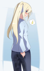 Rule 34 | 1girl, ass, blonde hair, blue background, blue border, blue eyes, blue shirt, blush, border, breasts, bright pupils, cowboy shot, embarrassed, female focus, from behind, hair ribbon, highres, long hair, long sleeves, looking at viewer, looking back, open mouth, original, outside border, peed self, pocket, ribbon, shirt, sidelocks, sideways mouth, simple background, small breasts, solo, standing, tears, thought bubble, twintails, watakarashi, wet, wet clothes, white pupils, white ribbon