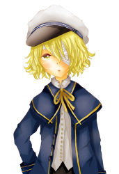 Rule 34 | 1boy, bandage over one eye, bandages, blonde hair, child, hat, highres, male focus, oliver (vocaloid), one eye covered, parted lips, sailor hat, sakakkii (sakakkiii), short hair, simple background, solo, vocaloid, white background, yellow eyes