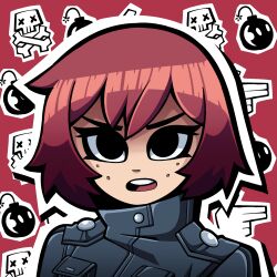 Rule 34 | 1girl, black eyes, black jacket, bomb, commentary, english commentary, explosive, freckles, highres, jacket, kermittend, kim pine, open mouth, portrait, red background, red hair, round teeth, scott pilgrim (series), skull and crossbones, solo, teeth, x x