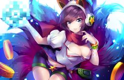 Rule 34 | 1girl, ahri (league of legends), alternate costume, alternate hair color, alternate hair length, alternate hairstyle, animal ears, arcade ahri, bangle, blue eyes, blush, bracelet, breasts, cleavage, coin, contrapposto, cowboy shot, eyebrows, eyes visible through hair, fake animal ears, fingernails, fox ears, fox tail, hair over one eye, handheld game console, headphones, jewelry, large breasts, league of legends, lips, long fingernails, looking at viewer, midriff, multiple tails, nail polish, navel, parted lips, pink lips, pixels, puffy short sleeves, puffy sleeves, purple hair, purple nails, purple shorts, red scarf, scarf, shirt, short hair, short shorts, short sleeves, shorts, smile, squchan, standing, tail, thigh gap, white shirt