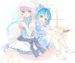 Rule 34 | 2girls, adapted costume, apron, arm rest, bare tree, blue dress, blue eyes, blue hair, bobby socks, cirno, cup, dress, food, hair ribbon, hat, head tilt, knees together feet apart, legs together, letty whiterock, light purple hair, looking at viewer, multiple girls, no shoes, popsicle, puffy short sleeves, puffy sleeves, ribbon, short sleeves, sitting, sliding doors, smile, socks, touhou, tree, tsukimiya kamiko, waist apron, watermelon bar, yunomi