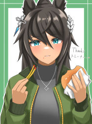 Rule 34 | 1girl, absurdres, animal ears, aqua eyes, black hair, black sweater, blush, border, burger, commentary, earrings, english text, food, french fries, green border, green jacket, haruun520, highres, holding, holding food, horse ears, horse girl, jacket, jewelry, ketchup, long hair, looking at viewer, necklace, ponytail, simple background, single earring, smile, solo, sweater, sweater under jacket, symboli kris s (umamusume), translation request, umamusume, upper body, white background