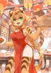 Rule 34 | 1girl, :d, absurdres, animal ear fluff, animal ears, architecture, blonde hair, braid, china dress, chinese clothes, cleavage cutout, clothing cutout, dress, east asian architecture, female focus, food, furry, furry female, green eyes, highres, kawarage yatano, lantern, multicolored hair, open mouth, original, paper lantern, plate, red dress, restaurant, shorts under dress, single braid, sleeveless, sleeveless dress, smile, solo, table, tail, tiger ears, tiger girl, tiger tail, waitress