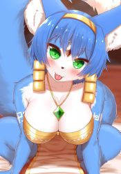 Rule 34 | 1girl, all fours, animal ear fluff, animal ears, animal nose, blue hair, blue skin, breasts, cleavage, collarbone, colored skin, earrings, fang, fox ears, fox tail, furry, furry female, green eyes, hairband, highres, horokusa (korai), jewelry, krystal, looking at viewer, nintendo, pendant, short hair, star fox, tabard, tail, tattoo, tongue, tongue out, tribal clothes, tribal tattoo, two tone skin, white skin