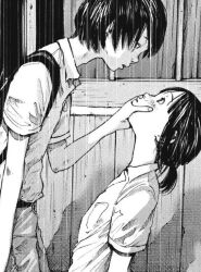 Rule 34 | 1boy, 1girl, bag, black eyes, black hair, black pants, blindfold, closed mouth, door, embarrassed, greyscale, hand up, hanging, isobe keisuke, long hair, looking at another, monochrome, official art, open mouth, pants, satou koume, school uniform, shirt, umibe no onnanoko, very long hair, white shirt