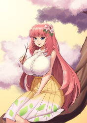 Rule 34 | 1girl, absurdres, between legs, blue eyes, branch, breasts, character request, cherry blossoms, collared shirt, dungeon and fighter, flower, gradient clothes, gradient skirt, hair flower, hair ornament, hand between legs, highres, hiroshi (beolcoyote), holding, large breasts, long hair, looking at viewer, open mouth, pink hair, pink lips, shirt, sitting, skirt, sleeveless, sleeveless shirt, smile, solo, tree, very long hair, white shirt, yellow skirt