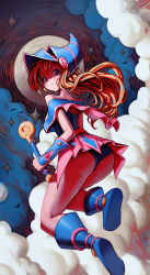 Rule 34 | 1girl, absurdres, andaerz, ass, blonde hair, blue eyes, blue footwear, blush, boots, cloud, dark magician girl, duel monster, from behind, full body, hat, highres, holding, holding wand, long hair, parted lips, shadow, solo, wand, wizard hat, yu-gi-oh!, yu-gi-oh! duel monsters