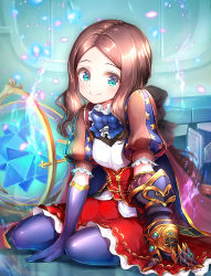 Rule 34 | 1girl, aged down, blue bow, blue eyes, blue gloves, blue pantyhose, blush, bow, brown hair, closed mouth, commentary request, fate/grand order, fate (series), gauntlets, gloves, hair bow, leonardo da vinci (fate), leonardo da vinci (fate/grand order), leonardo da vinci (rider) (fate), long hair, looking at viewer, pantyhose, parted bangs, puffy sleeves, single gauntlet, sitting, smile, solo, star (symbol), suishougensou