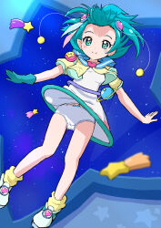 Rule 34 | 1girl, :t, aqua eyes, aqua hair, bad id, bad twitter id, blue gloves, blush, breasts, cameltoe, cropped jacket, cure cotton, dress, gloves, hagoromo lala, hair ornament, highres, inactive account, legs, loose socks, panties, pointy ears, precure, sailor collar, shoes, shooting star (symbol), single glove, sky, small breasts, socks, solo, space, star-shaped pupils, star (sky), star (symbol), star twinkle precure, starry sky, symbol-shaped pupils, underwear, white panties, zero gravity