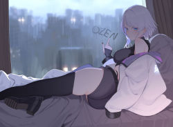 Rule 34 | 1girl, ass, beijuu, black footwear, black nails, black shorts, black thighhighs, blue eyes, breasts, closed mouth, glass writing, indoors, jacket, large breasts, long sleeves, looking at viewer, looking back, lying, nail polish, off shoulder, on side, original, short hair, shorts, solo, thighhighs, white hair, white jacket, white nails, window