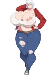 Rule 34 | 1girl, arm behind head, belt, breasts, cherrikissu, cleavage, denim, full body, hand on own hip, highres, huge areolae, huge breasts, jacket, jeans, large areolae, looking at viewer, mole, navel, nipples, original, pants, red eyes, shiny clothes, shiny skin, shoes, short hair, smile, sneakers, solo, standing, tennis shoes, torn clothes, torn pants, vella (debaucheryninja), walking, white background, white hair, wide hips