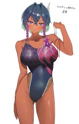 Rule 34 | 1girl, absurdres, aogiri shinobu, arm strap, bare shoulders, braid, breasts, competition swimsuit, dark-skinned female, dark skin, duel masters, green hair, hair ornament, highres, large breasts, matsukan (dug pile), multicolored hair, one-piece swimsuit, personification, pink hair, solo, standing, swimsuit, tsurime, twin braids