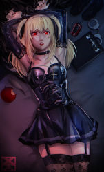 Rule 34 | 1girl, absurdres, amane misa, apple, armpits, arms up, black choker, black dress, black garter straps, black nails, black thighhighs, breasts, cellphone, choker, corset, cross, cross necklace, cuffs, death note, death note (object), detached sleeves, dress, fingernails, flip phone, food, fruit, garter straps, gothic lolita, handcuffs, highres, jewelry, lace, lace legwear, latin cross, lolita fashion, long hair, looking at viewer, lying, nail polish, necklace, on back, phone, quill, red apple, red eyes, red lips, shiny clothes, shoes, unworn shoes, small breasts, solo, spaghetti strap, thick thighs, thighhighs, thighs, two side up, xuuikie ashe, zettai ryouiki