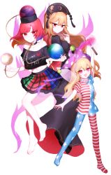 Rule 34 | 3girls, absurdres, american flag dress, american flag legwear, barefoot, black dress, black headwear, black shirt, blonde hair, blush, chinese clothes, closed mouth, clothes writing, clownpiece, collarbone, dress, earth (ornament), energy, fairy, fairy wings, hair between eyes, hat, heart, hecatia lapislazuli, highres, holding, holding torch, jester cap, junko (touhou), long hair, long sleeves, moon (ornament), multicolored clothes, multicolored skirt, multiple girls, nemachi, off-shoulder shirt, off shoulder, open mouth, orange hair, pantyhose, phoenix crown, pink eyes, polka dot, polka dot headwear, purple headwear, red eyes, red hair, shirt, short hair, short sleeves, simple background, skirt, smile, striped clothes, striped dress, striped legwear, striped pantyhose, torch, touhou, white background, wide sleeves, wings