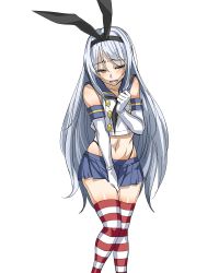 Rule 34 | 1girl, bare shoulders, black panties, blush, cosplay, elbow gloves, gloves, hair ribbon, highleg, highleg panties, highres, kantai collection, long hair, navel, okita ababa, panties, personification, ribbon, sailor collar, shimakaze (kancolle), shimakaze (kancolle) (cosplay), shoukaku (kancolle), silver hair, simple background, skirt, solo, striped clothes, striped thighhighs, thighhighs, underwear, white background, white gloves