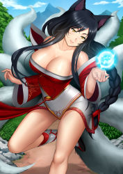 Rule 34 | &gt;:), 1girl, ahri (league of legends), animal ears, bare shoulders, black hair, braid, breasts, cleavage, closed mouth, collarbone, cowboy shot, day, detached sleeves, dress, energy ball, facial mark, fox ears, fox tail, kitsune, korean clothes, kyuubi, large breasts, league of legends, leg up, long hair, long sleeves, low-tied long hair, low neckline, metalbolic, multiple tails, outdoors, short dress, sidelocks, single braid, slit pupils, solo, tail, tree, v-shaped eyebrows, very long hair, whisker markings, wide sleeves, yellow eyes