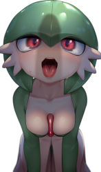 Rule 34 | 1girl, all fours, blurry, blush, breasts, breath, collarbone, colored skin, creatures (company), depth of field, drooling, female focus, game freak, gardevoir, gen 3 pokemon, green hair, green skin, hair between eyes, highres, kashu (hizake), looking up, medium breasts, multicolored skin, nintendo, nose blush, open mouth, oral invitation, penis shadow, pokemon, pokemon (creature), red eyes, saliva, shiny skin, short hair, simple background, solo, straight-on, sweat, teeth, tongue, tongue out, two-tone skin, white background, white skin