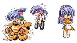 Rule 34 | 00s, 1girl, absurdres, artist request, ass, bicycle, blue hair, blush, blush stickers, cat, chibi, highres, long hair, looking at viewer, lou roux, mecha, multiple views, panties, ponytail, robot, shinkon gattai godannar!!, shiny clothes, shiny skin, skirt, smile, translation request, underwear, white panties