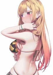 1girl aya_(lezon) back bead_bracelet beads bikini black_bikini blonde_hair blush bracelet breasts closed_mouth colored_tips commentary ear_piercing earrings fake_nails floral_print from_behind gradient_hair gyaru halterneck highres jewelry kitagawa_marin looking_to_the_side medium_breasts multi-strapped_bikini multicolored_hair nail_polish piercing pink_hair pink_nails print_bikini raised_eyebrows red_eyes revision ring shadow shy side-tie_bikini_bottom sideboob simple_background skindentation solo sono_bisque_doll_wa_koi_wo_suru straight_hair string_bikini swimsuit upper_body white_background