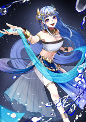 Rule 34 | 1girl, :d, absurdres, blue gemstone, blue hair, bracelet, breasts, cleavage, cross in eye, dancer, fantasy, fingernails, gem, headdress, highres, holding cloth, jewelry, large breasts, navel, necklace, nekotokage, open mouth, original, pelvic curtain, purple eyes, purple nails, smile, solo, sparkle, stomach, strapless, teeth, tongue, tube top, upper teeth only, water drop, white tube top