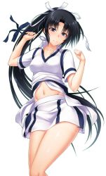 Rule 34 | 1girl, black hair, blue eyes, character request, closed mouth, collarbone, collared shirt, cowboy shot, dress shirt, from above, full body, groin, hair intakes, hair ribbon, highres, ikki (tue sein bestes), long hair, looking at viewer, lying, maji de watashi ni koi shinasai!, midriff, miniskirt, navel, on back, open clothes, open shirt, ponytail, ribbon, shirt, short sleeves, simple background, skirt, smile, solo, stomach, very long hair, vest, vest lift, white background, white ribbon, white shirt, white skirt, white vest, wing collar