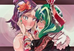 Rule 34 | 2girls, bags under eyes, bare shoulders, drooling, green eyes, green hair, hair ribbon, hands on another&#039;s cheeks, hands on another&#039;s face, kagiyama hina, leaf, leaf on head, long hair, multiple girls, nail polish, open mouth, purple hair, red eyes, ribbon, short hair, smile, touhou, upper body, wavy mouth, yasaka kanako, yohane, yuri