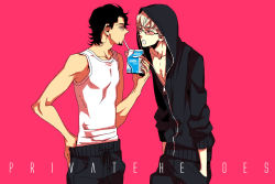 Rule 34 | 10s, 2boys, barnaby brooks jr., black hair, blonde hair, drink, drinking, drinking straw, facial hair, glasses, hands in pockets, hood, hoodie, hoshino lily, kaburagi t. kotetsu, male focus, milk, milk carton, multiple boys, open mouth, pink background, profile, simple background, stubble, tank top, tiger &amp; bunny